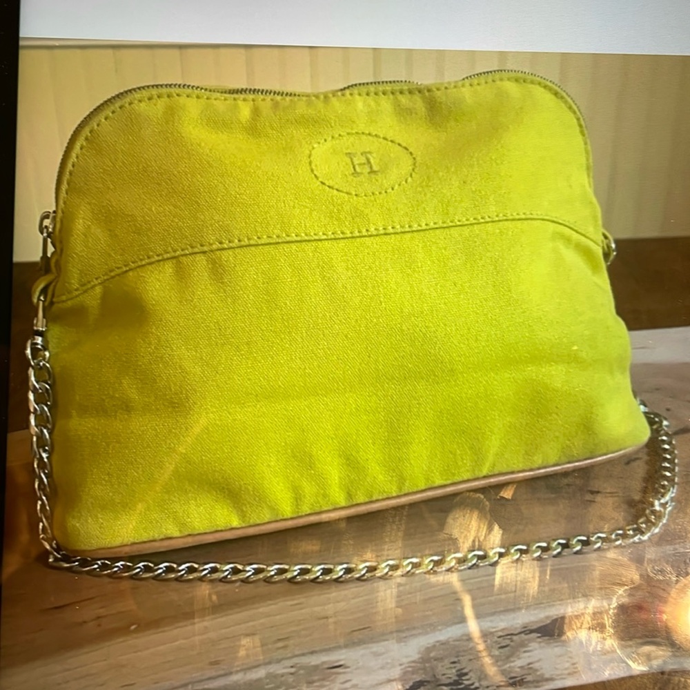 Hermes Pouch Bolide Leather and Canvas with Inside Pocket and unbranded chain
